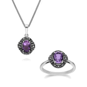 Ciondolo e anello in stile Art Déco Argento 925 con ametista e marcasite a grappolo ovale