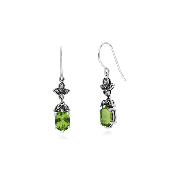 Orecchini con peridoto, orecchini pendenti ovali in stile Art Nouveau con peridoto e marcasite in argento sterling