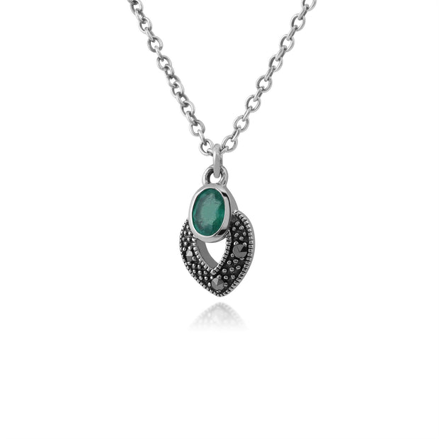 Collana in stile Art Déco Argento 925 Ovale con smeraldo e marcasite