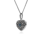 Collana cuore portafoto in stile Art Nouveau Argento 925 Topazio azzurro e Marcasite