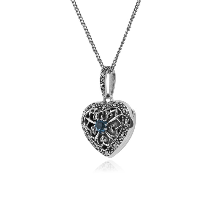 Collana cuore portafoto in stile Art Nouveau Argento 925 Topazio azzurro e Marcasite