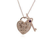 Ciondolo classico con lucchetto a cuore intrecciato in argento 925 placcato oro rosa e ciondoli chiave in ametista