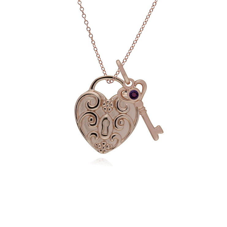 Ciondolo classico con lucchetto a cuore intrecciato in argento 925 placcato oro rosa e ciondoli chiave in ametista
