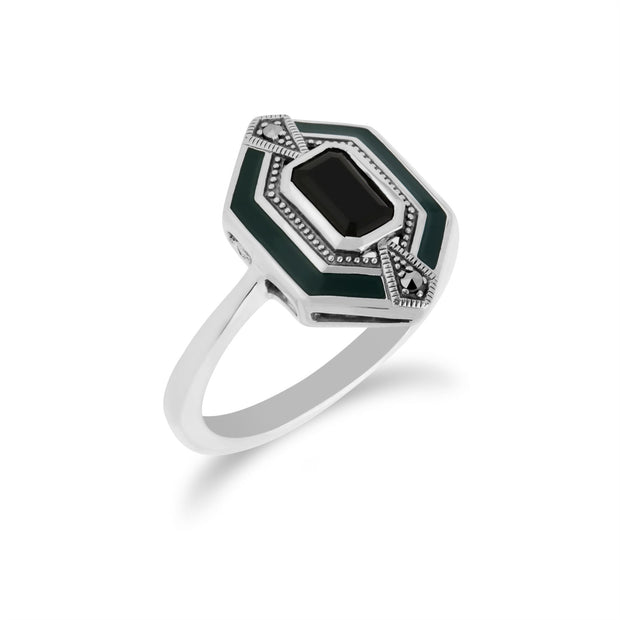 Gemondo Anello esagonale da donna in argento sterling con onice nero, marcasite e smalto verde - Onice