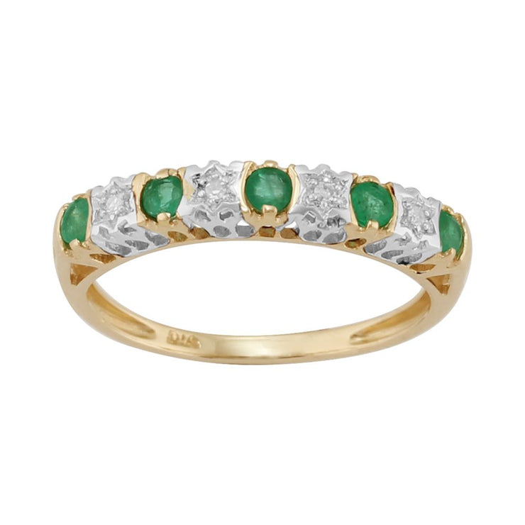 Orecchini a mezzo cerchio e classico anello a mezza veretta in oro giallo 375 con smeraldo rotondo e diamante