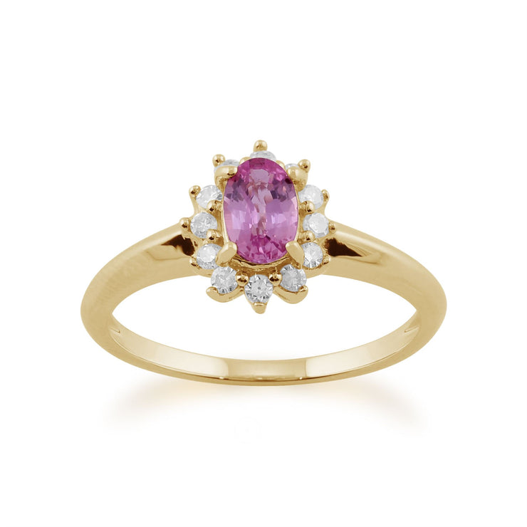 Anello Gemondo con zaffiro rosa, anello a grappolo ovale in oro giallo da 9 ct con zaffiro rosa da 0,52 ct e diamanti