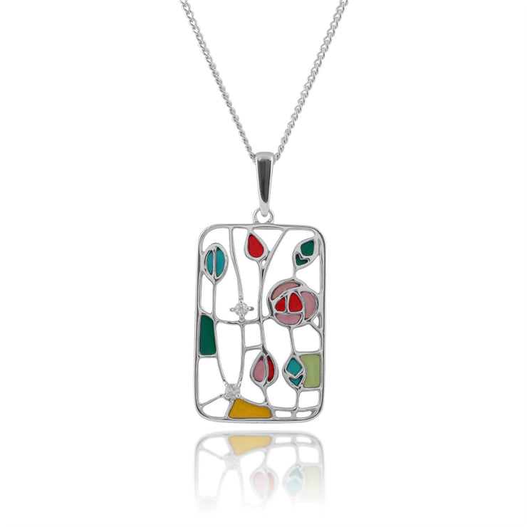 Orecchini pendenti e pendenti rettangolari stile Rennie Mackintosh in argento 925 con topazio rotondo e smalto