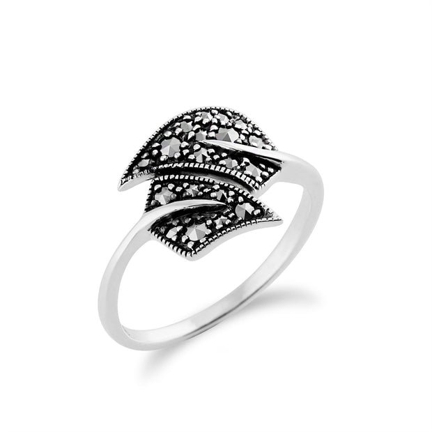 Gemondo Anello Art Nouveau, Argento Sterling 925 0,27 CT Marcasite Anello Foglia Stile Art Nouveau