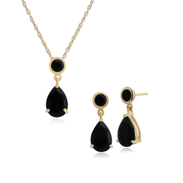 Orecchini pendenti e pendenti classici in oro giallo 375 rotondi e pera in onice nero