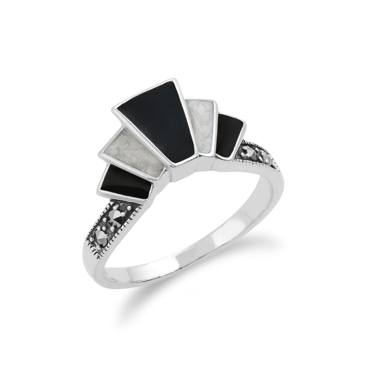 Anello Art Déco Gemondo, anello Art Déco in argento sterling 925 con smalto bianco e nero e marcasite
