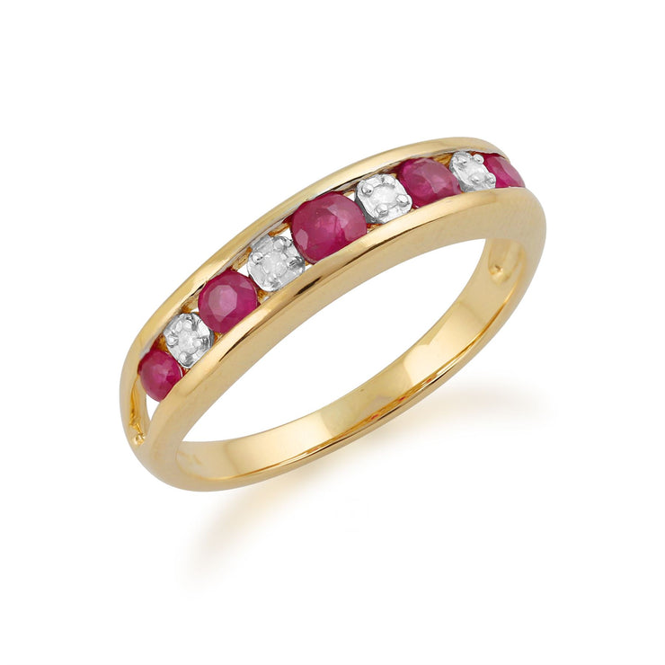Anello Gemondo con rubino, anello Half Eternity in oro giallo da 9 ct con rubino da 0,52 ct e diamanti