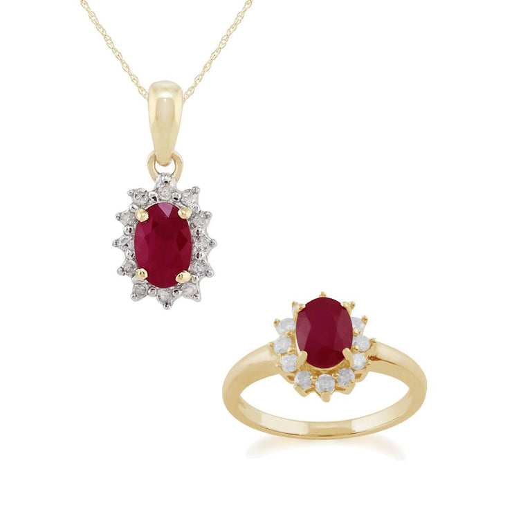 Ciondolo e anello ovali classici in oro giallo 375 con rubini e diamanti a grappolo