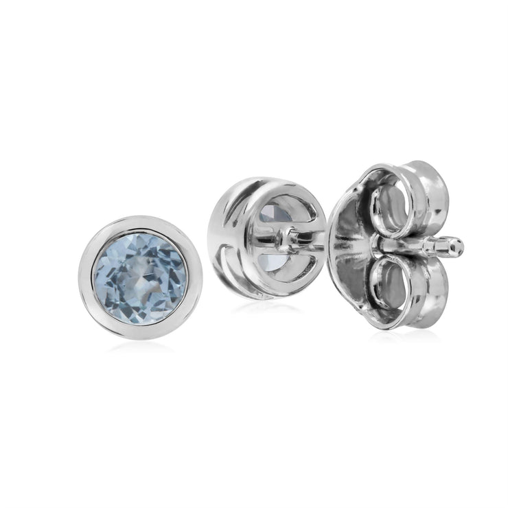 Orecchini acquamarina, orecchini a bottone rotondi Chaton acquamarina semplici in argento sterling