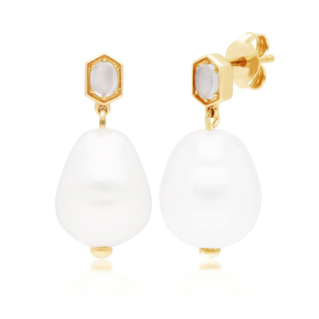 Orecchini pendenti con perle moderne Argento 925 placcato oro Perla barocca e pietra di luna