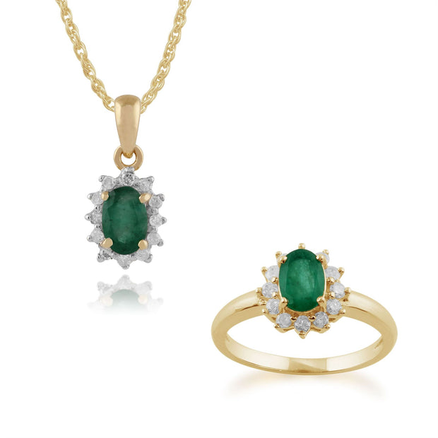 Ciondolo e anello ovali classici in oro giallo 375 con smeraldi e diamanti a grappolo