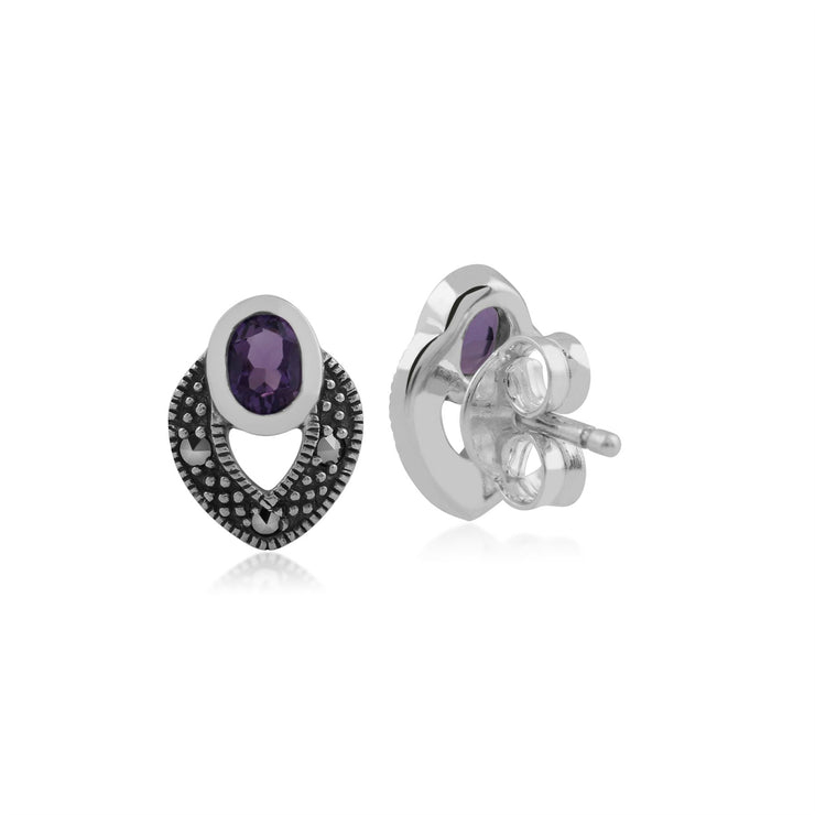 Orecchini a bottone in stile Srt Deco in argento 925 con ametista ovale e marcasite