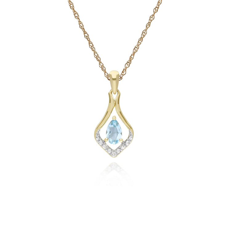 Collana con topazio, pendente classico a foglia in oro giallo da 9 ct con topazio azzurro rotondo e diamanti su catena da 45 cm