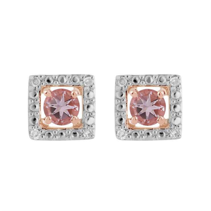 Orecchini classici con morganite in oro rosa 375 e rivestimento per l'orecchio con diamanti quadrati