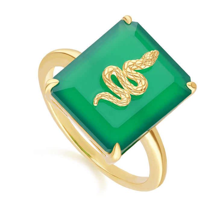 Anello grande serpente decorativo in calcedonio verde in argento placcato oro fino