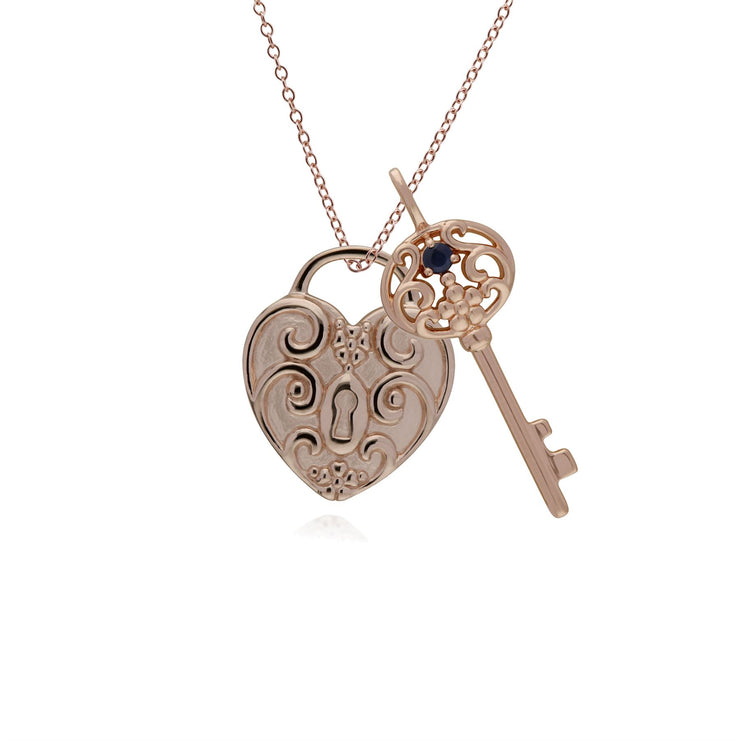 Classico ciondolo con lucchetto a cuore intrecciato in argento 925 placcato oro rosa e grandi ciondoli con chiave in zaffiro