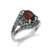 Anello Art Nouveau ovale con Granato e Marcasite in Argento Sterling - 