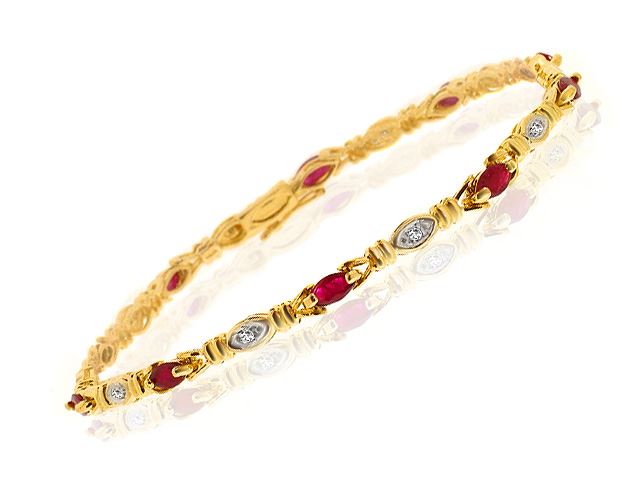 Bracciale con rubini, oro giallo da 9 ct con rubino autentico da 1,38 ct e diamante da 5 pt, bracciale da 18 cm