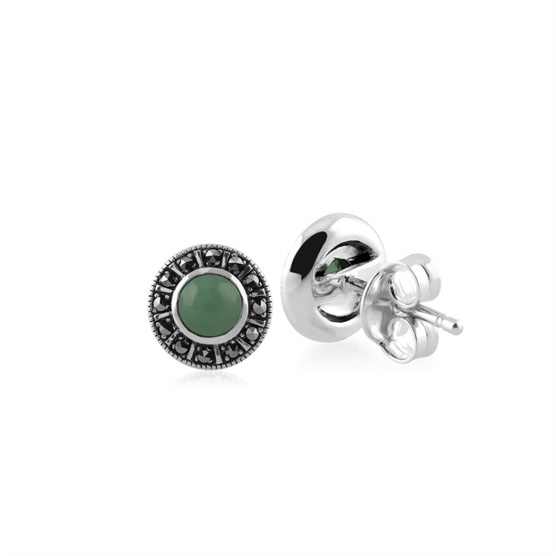 Orecchini in stile Art Déco in argento 925 con giada verde e marcasite Halo