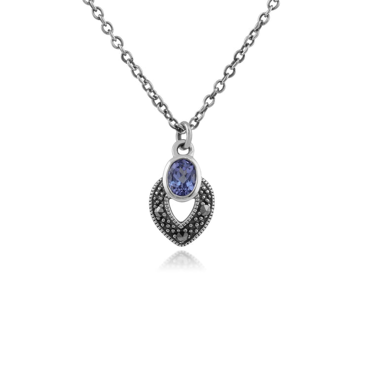 Collana e orecchini a bottone in stile Art Déco in argento 925 con tanzanite ovale e marcasite