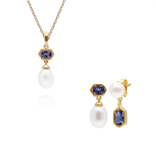 Ciondolo e orecchini Orecchini di perle moderne Argento 925 placcato oro Tanzanite e perla