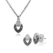 Orecchini a lobo e collana in stile Art Déco Argento 925 ovale, opale e marcasite