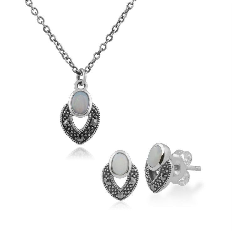 Orecchini a lobo e collana in stile Art Déco Argento 925 ovale, opale e marcasite