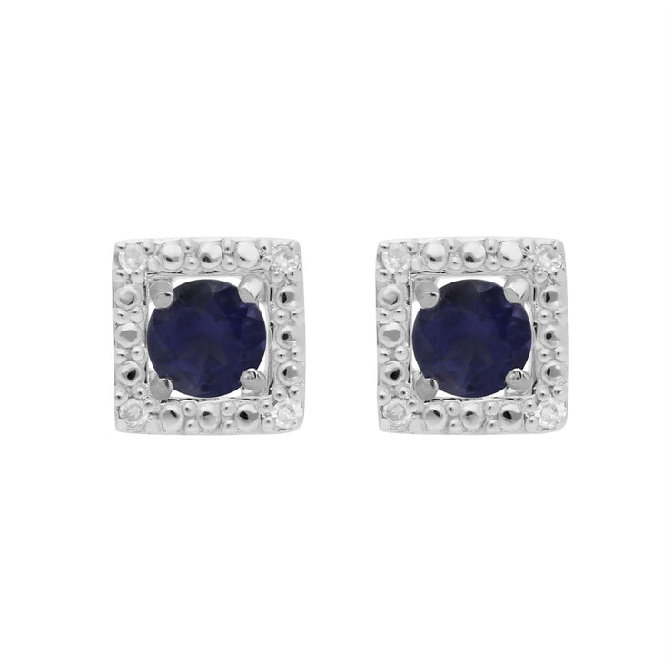 Orecchini a bottone classici in Iolite in oro bianco 375 e rivestimento per l'orecchio con diamanti quadrati