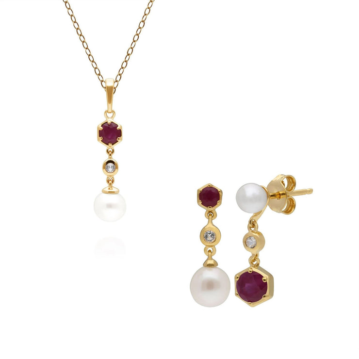Orecchini e ciondolo di perle moderne Argento 925 placcato oro Rubino, topazio e perla