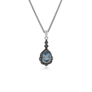 Ciondolo foglia in stile Art Nouveau in argento 925 con topazio azzurro pera e marcasite