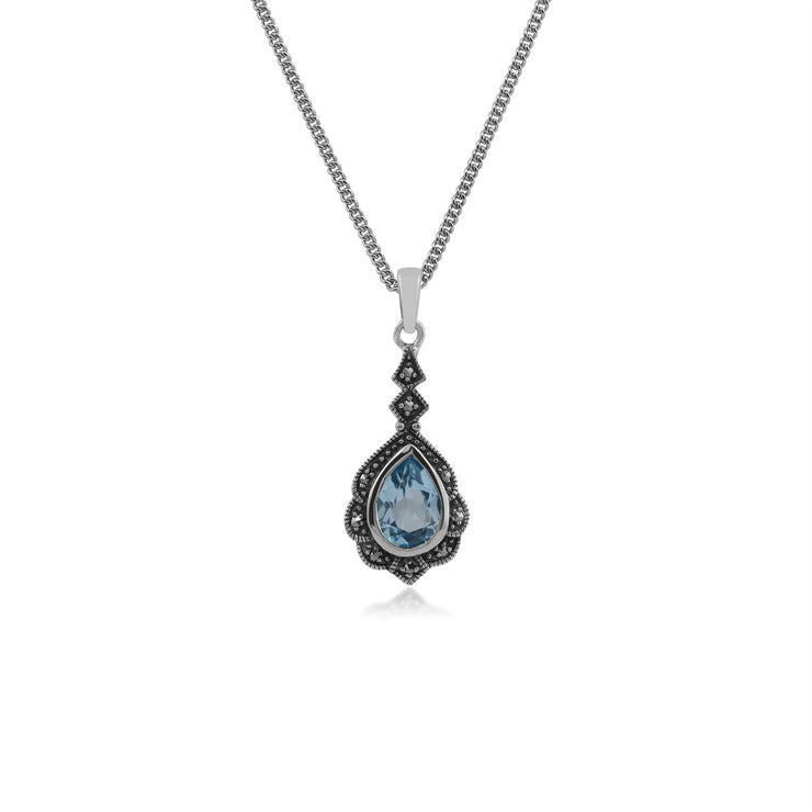 Ciondolo foglia in stile Art Nouveau in argento 925 con topazio azzurro pera e marcasite