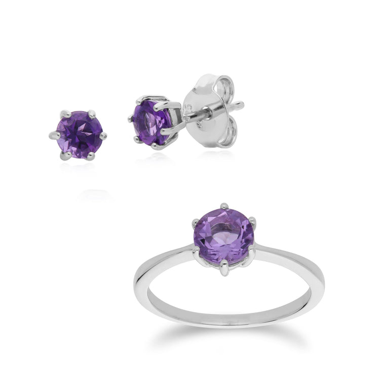 Anello e orecchini a bottone geometrici in argento 925 con ametista ottagonale