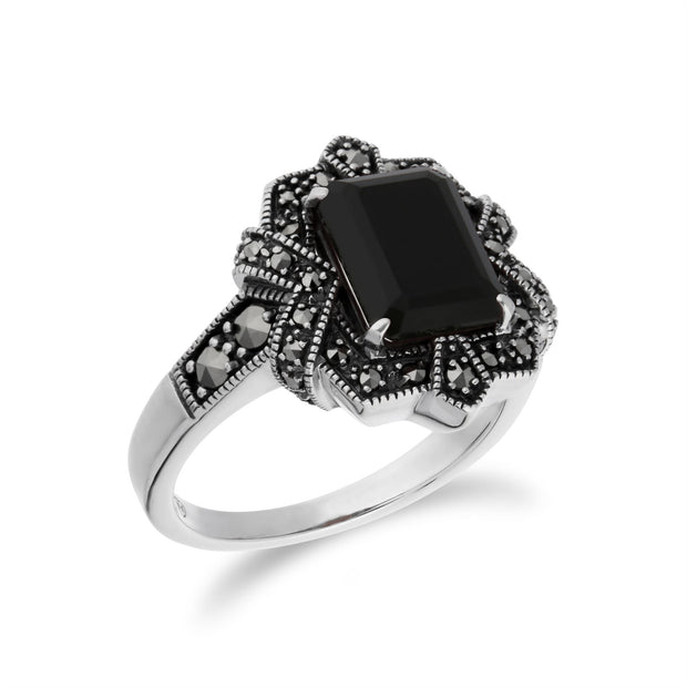 Anello in argento 925 in stile Art Déco con onice nero baguette e marcasite