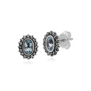 Anello in argento 925 stile Art Déco ovale con topazio blu e marcasite Halo e orecchini a bottone