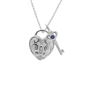 Ciondolo classico con lucchetto a cuore intrecciato in argento 925 e ciondoli chiave in tanzanite