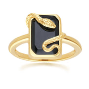 Grande anello serpente a spirale decorativo in onice nero in argento placcato oro fino