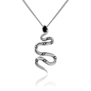 Collana e orecchini con ciondolo serpente in stile Art Nouveau in argento 925 e pera di spinello nero e marcasite