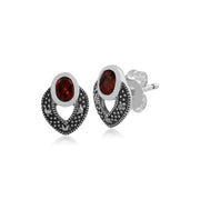 Orecchini a lobo in stile Srt Deco in argento 925 con granato ovale e marcasite