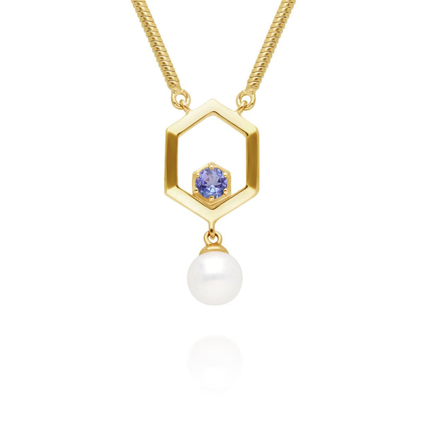 Collana moderna di perle esagonali Argento 925 placcato oro Perla e tanzanite