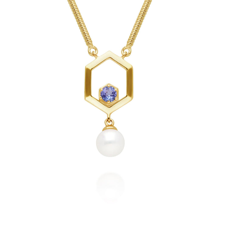 Collana moderna di perle esagonali Argento 925 placcato oro Perla e tanzanite