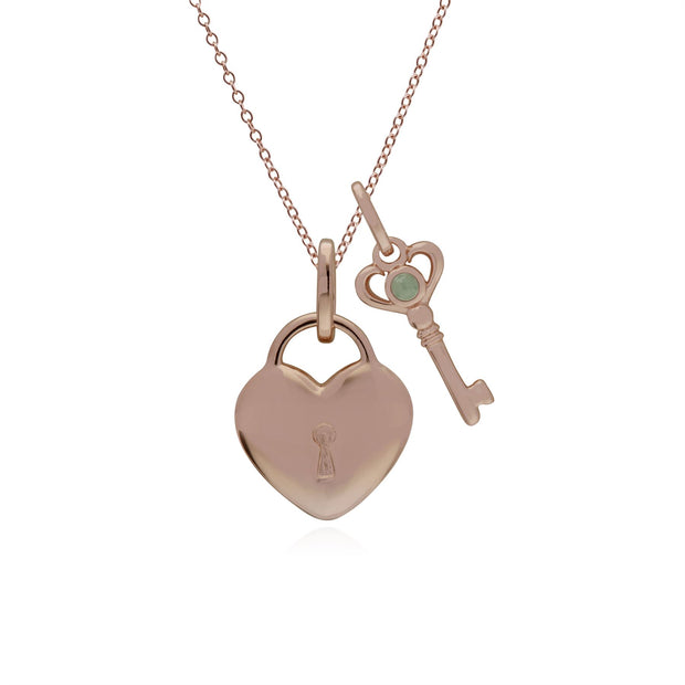 Ciondolo classico con lucchetto a cuore in argento 925 placcato oro rosa e ciondoli con chiave in giada