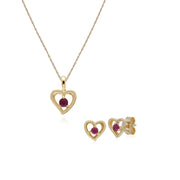 Ciondolo e orecchini classici a forma di cuore in oro giallo rubino 375
