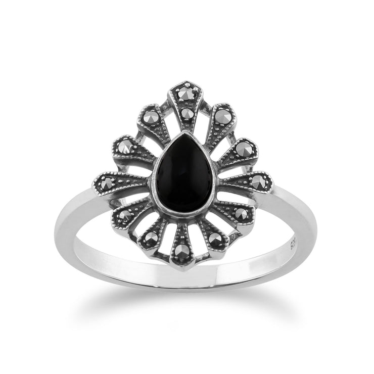 Anello Art Déco Gemondo in argento sterling 925 da 0,30 ct con onice nero e marcasite