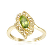 Anello in Argento 925 Dorato con Oro Fino Stile Art Nouveau, Peridoto e Marcasite