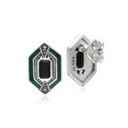 Orecchini esagonali in argento sterling con onice nero, marcasite e smalto verde