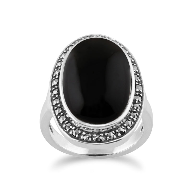 Anello Gemondo Scintillante Onice Marcasite in Argento Sterling 925